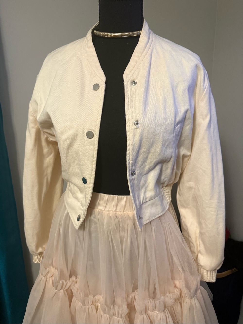 Zara Cream Snap-Front Cropped Bomber Jacket